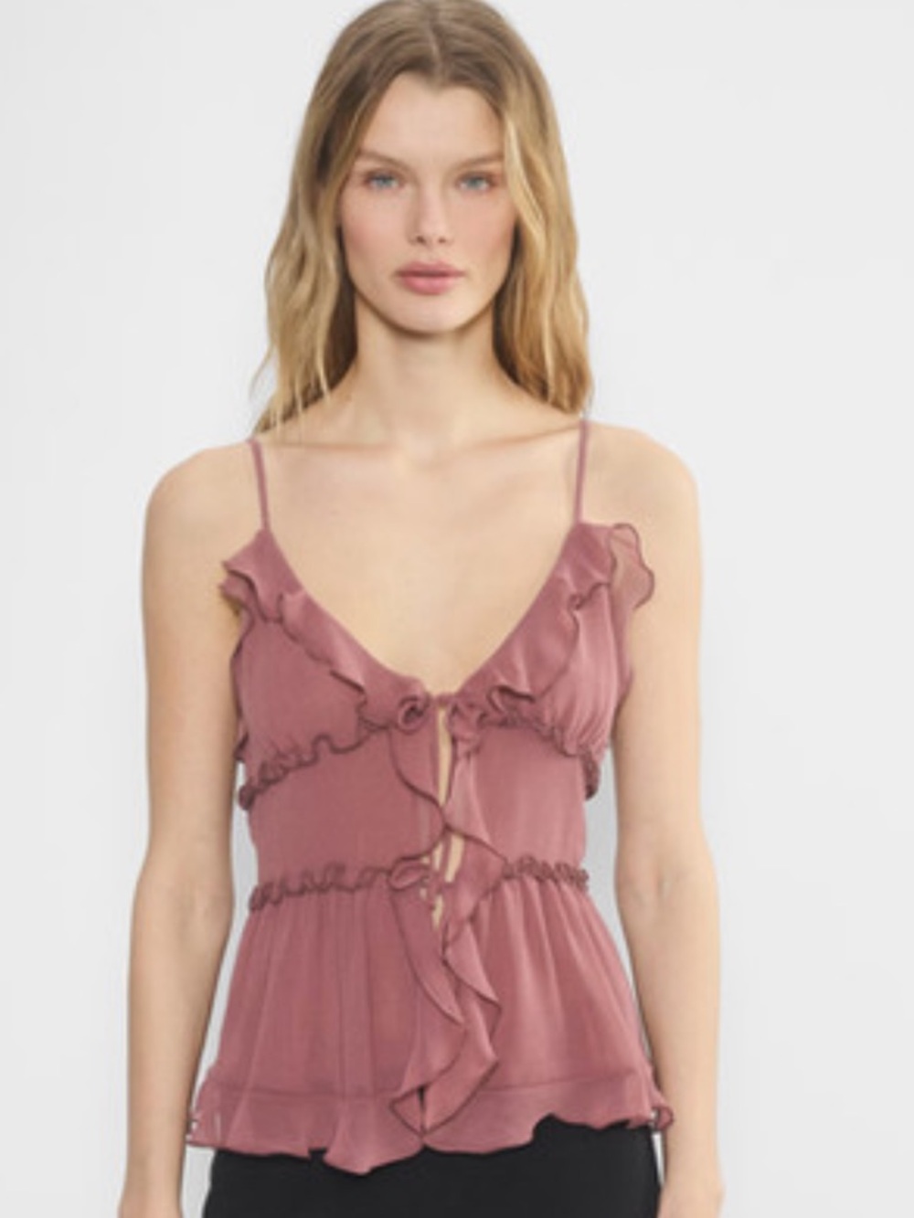 Aritzia Wilfred Amore Ruffled Chiffon Camisole — Mauve Rose